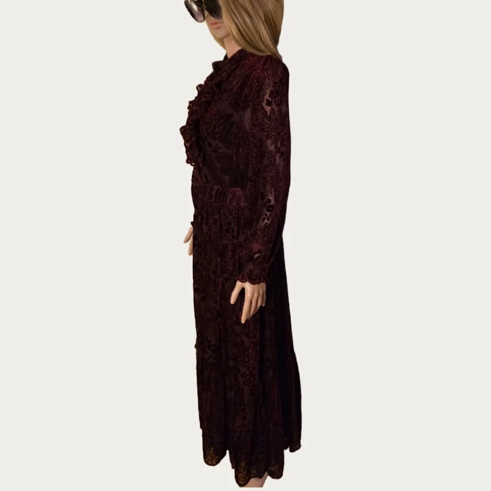 MOTF FLORAL FLOCKING Velvet Long Sleeve Dress in Deep Burgundy  M - Picture 10 of 16